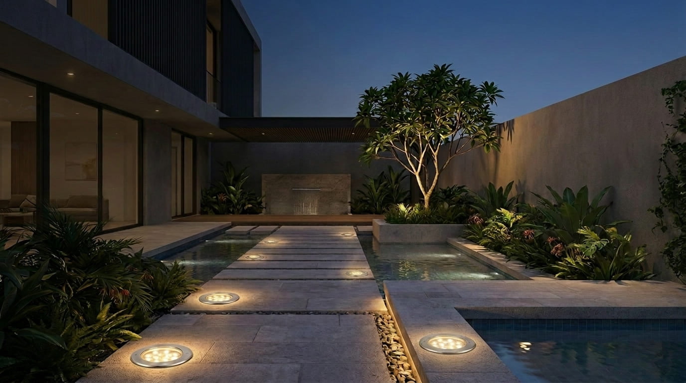 SAVEMAX outdoor LED lighting -- pools, gardens, fountains illuminated at night